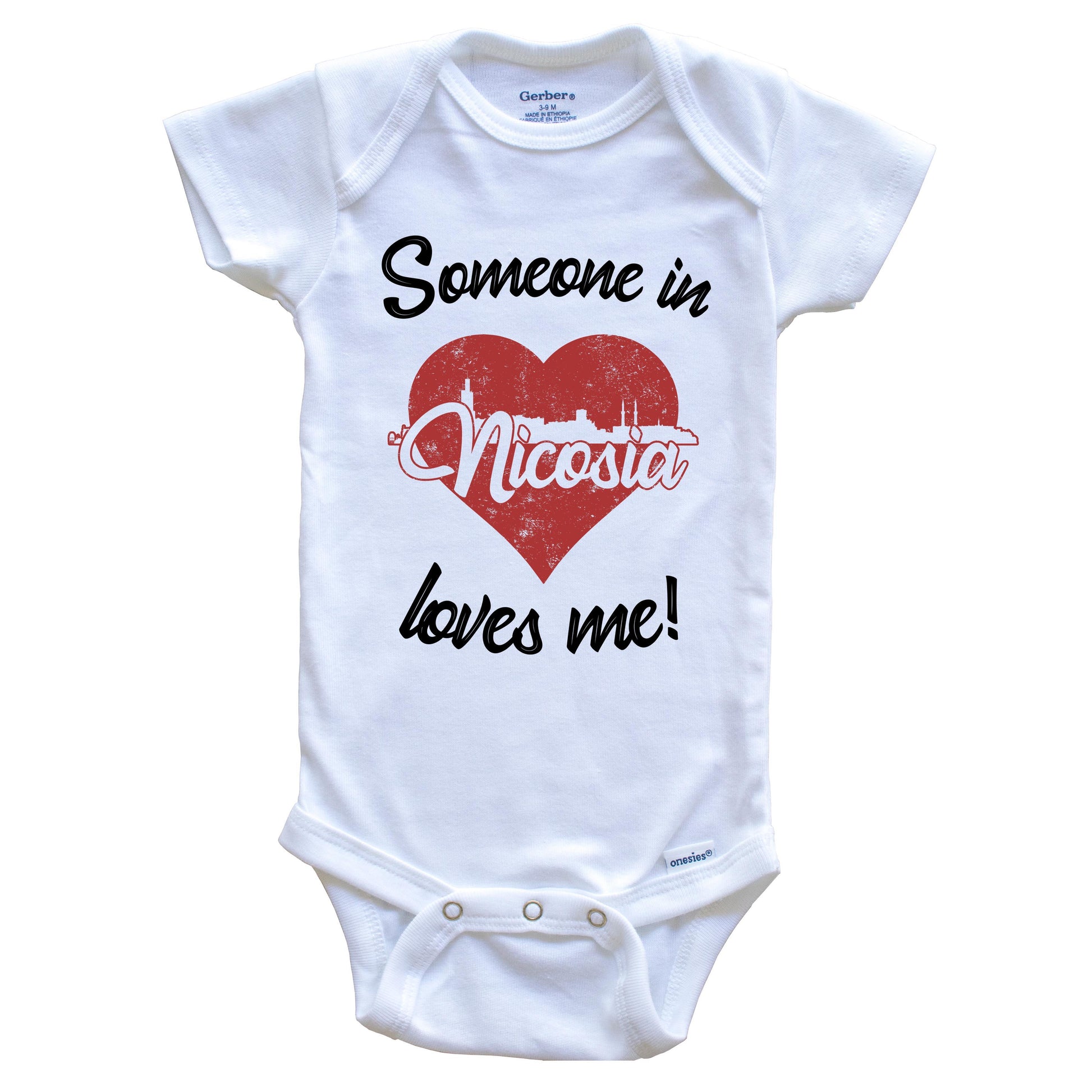 Someone In Nicosia Loves Me Red Heart Skyline Baby Onesie