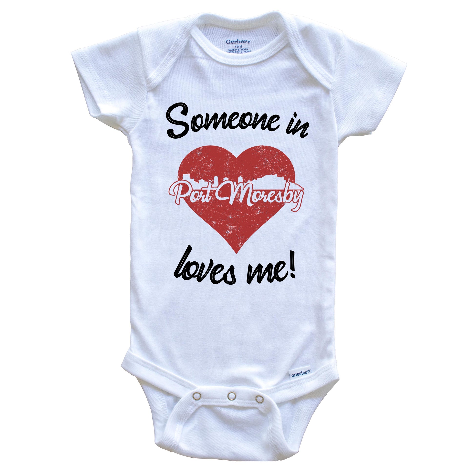 Someone In Port Moresby Loves Me Red Heart Skyline Baby Onesie