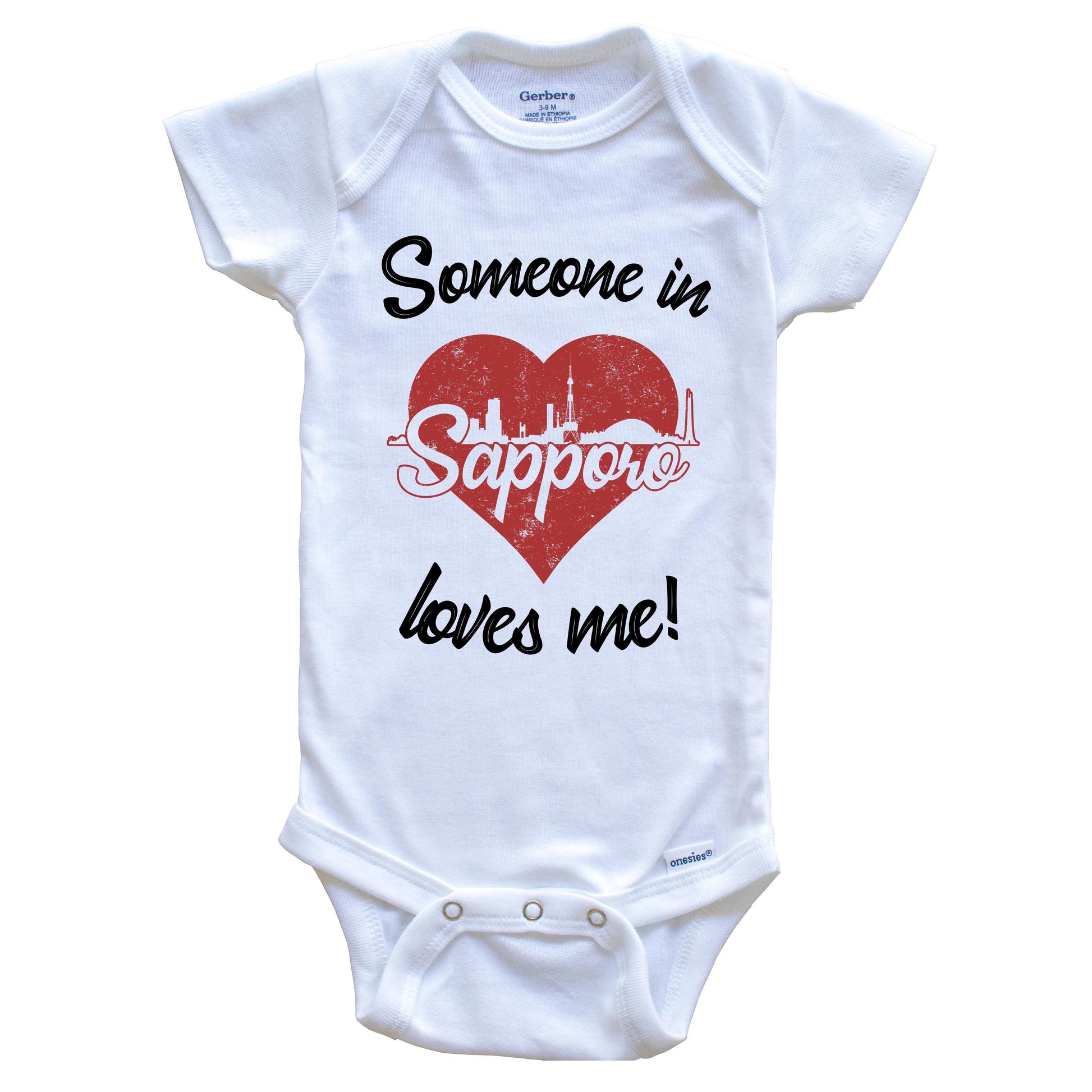 Someone In Sapporo Loves Me Red Heart Skyline Baby Onesie