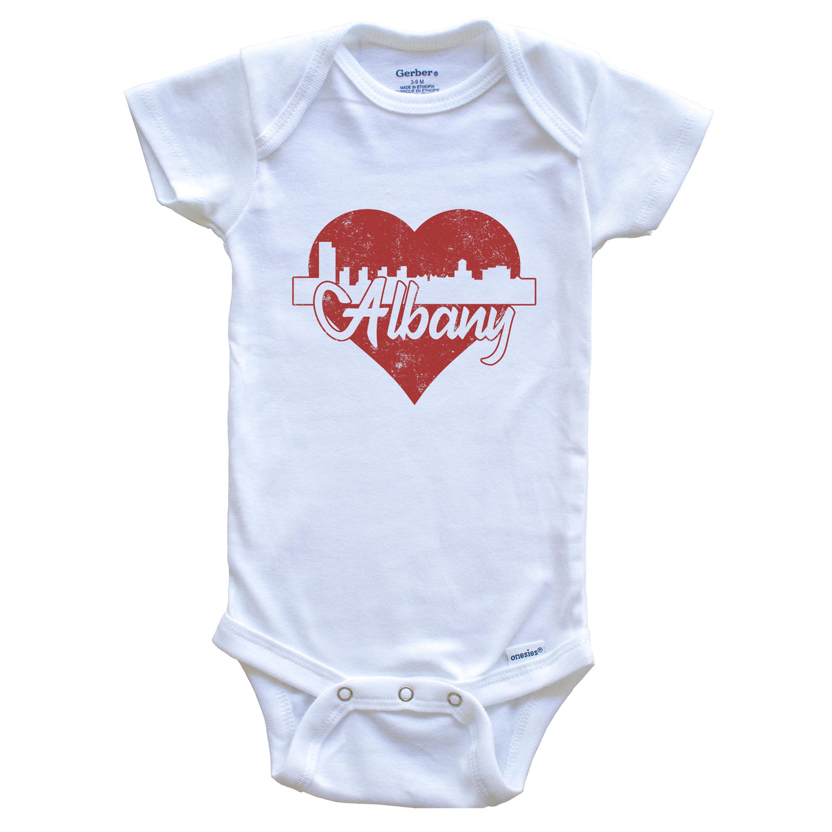 Retro Albany New York Skyline Red Heart Baby Onesie