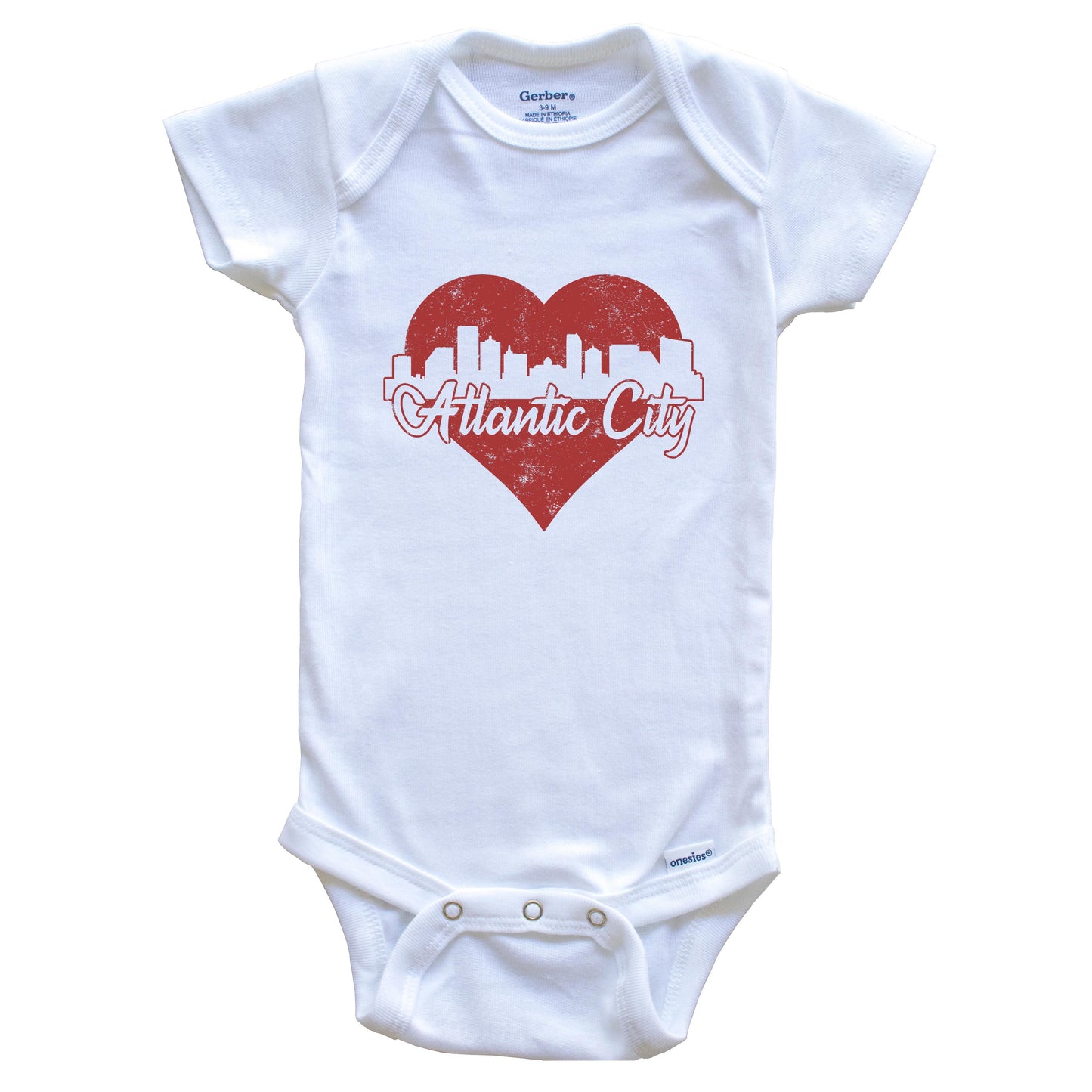 Retro Atlantic City New Jersey Skyline Red Heart Baby Onesie