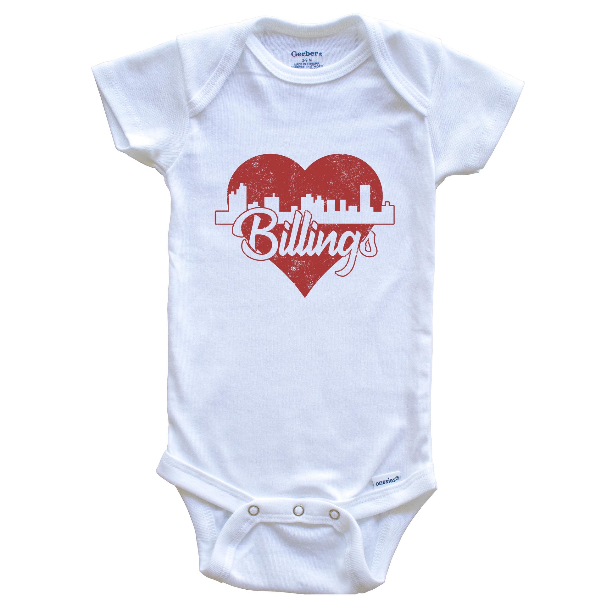 Retro Billings Montana Skyline Red Heart Baby Onesie