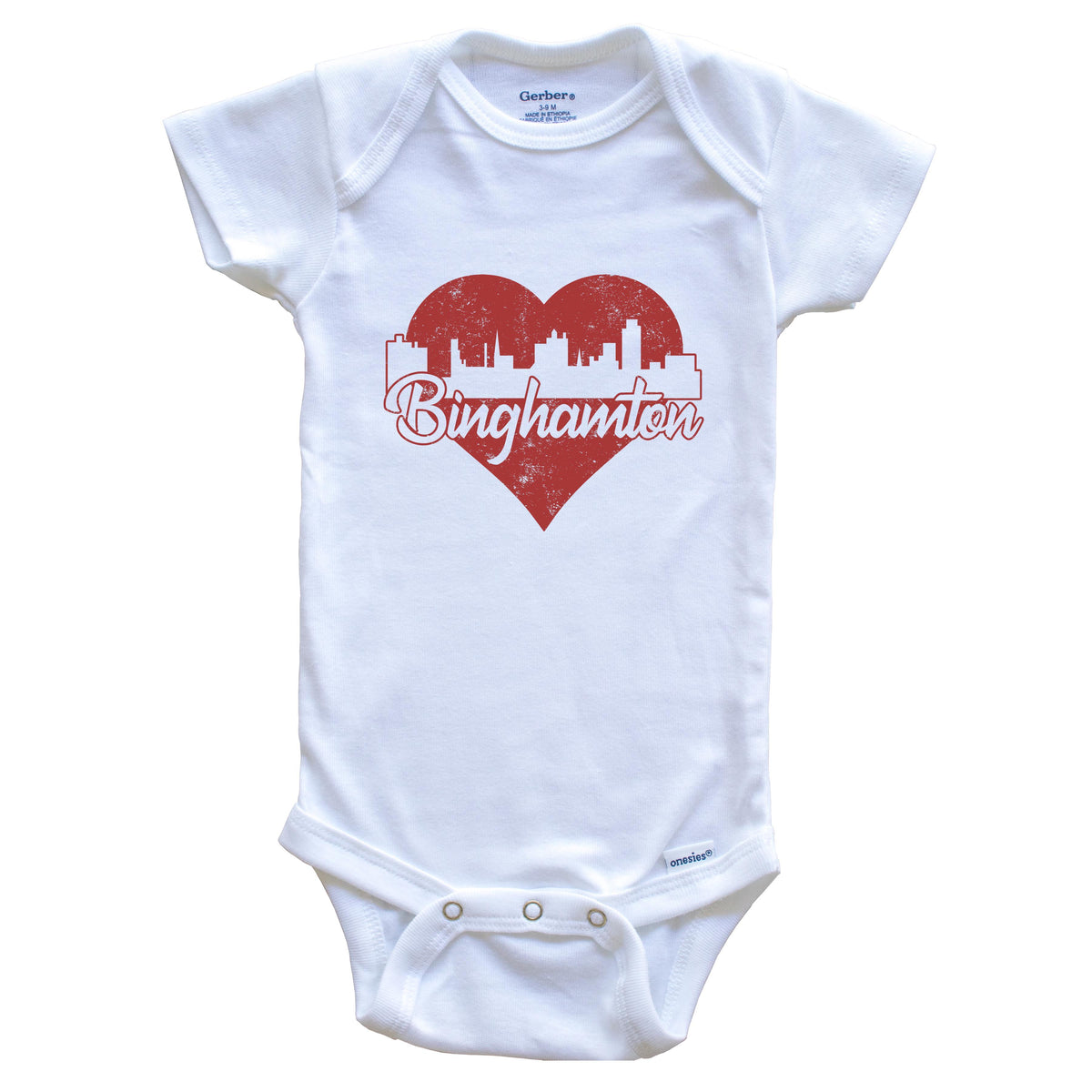 Retro Binghamton New York Skyline Red Heart Baby Onesie