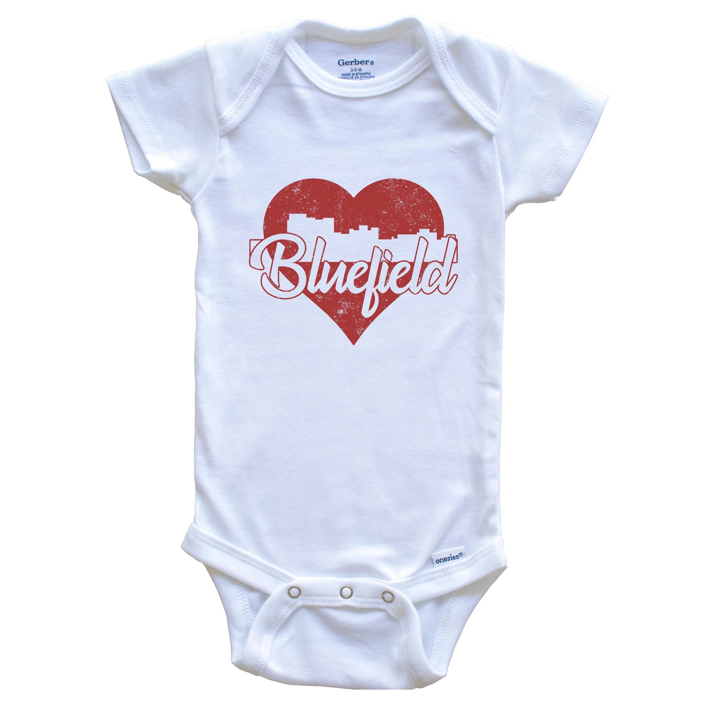 Retro Bluefield West Virginia Skyline Red Heart Baby Onesie