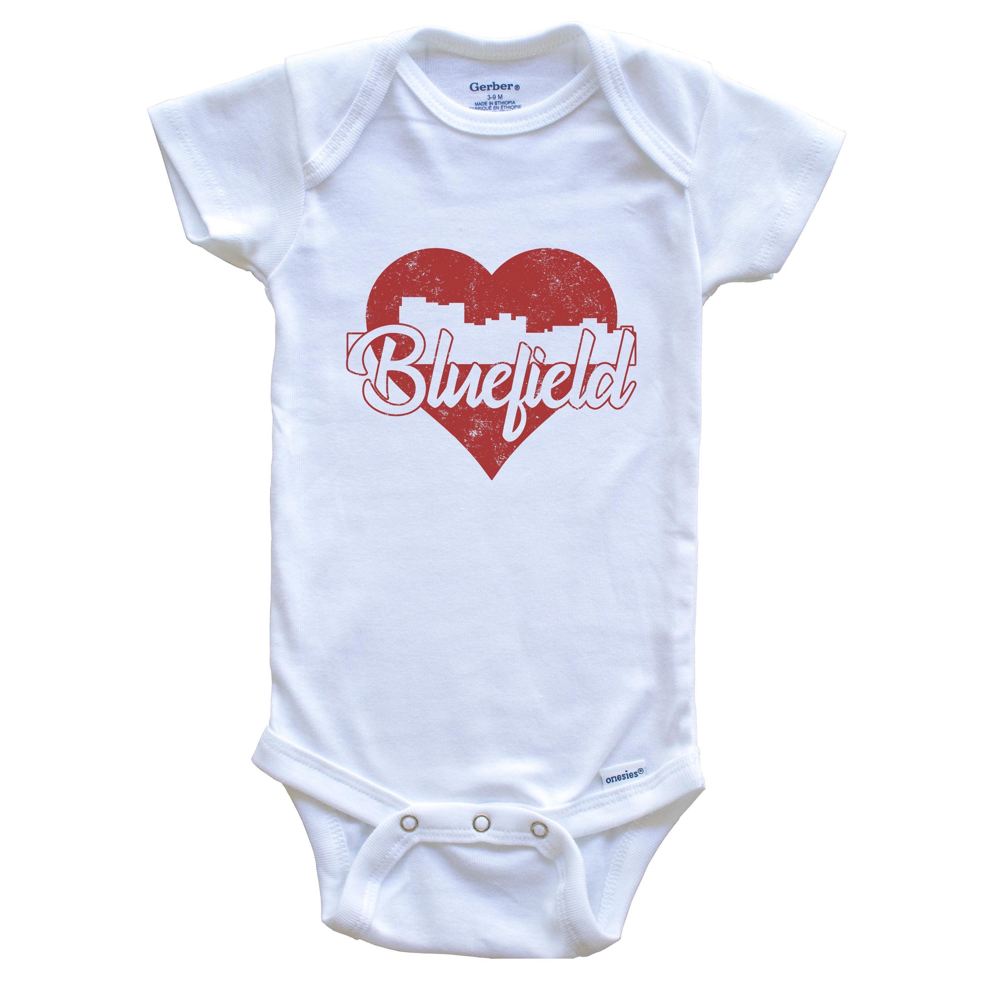 Retro Bluefield West Virginia Skyline Red Heart Baby Onesie