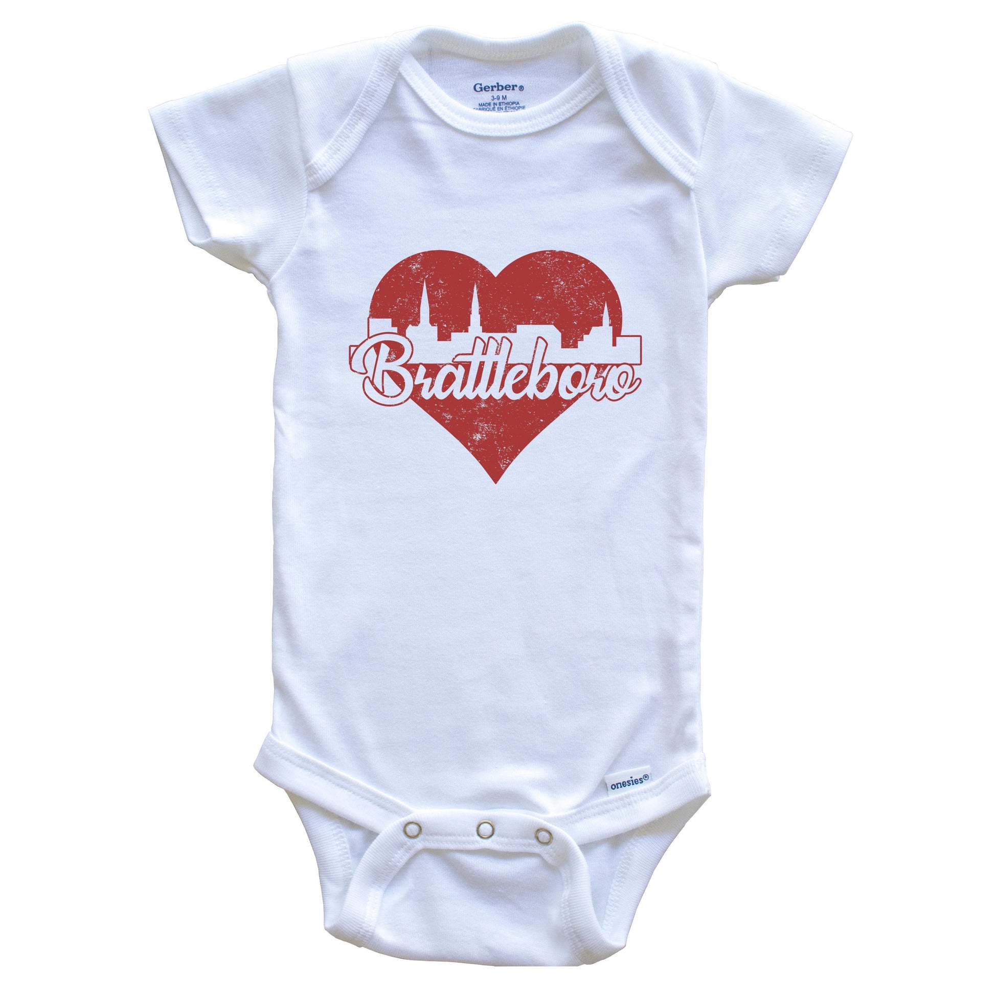 Retro Brattleboro Vermont Skyline Red Heart Baby Onesie