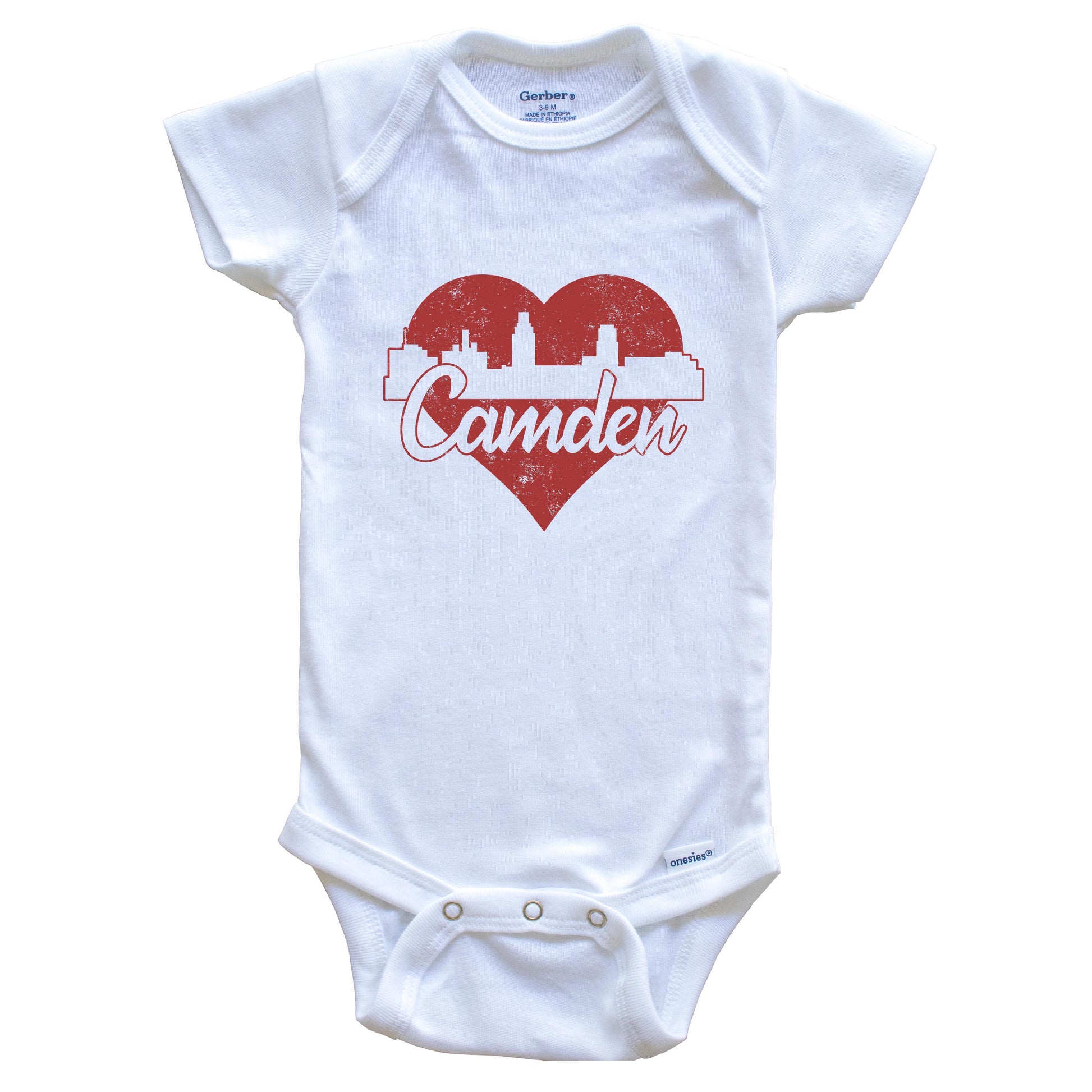 Retro Camden New Jersey Skyline Red Heart Baby Onesie