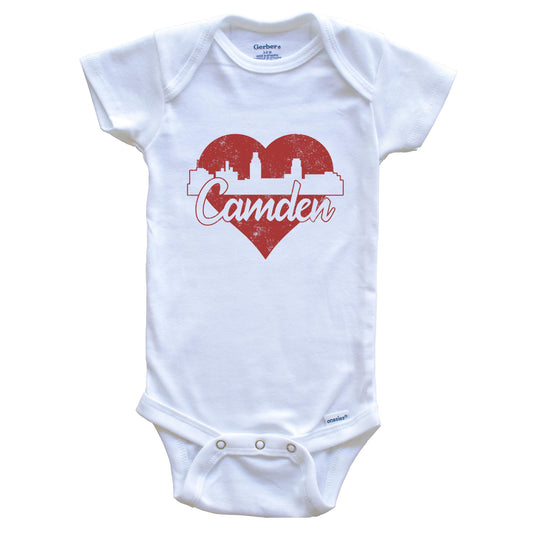 Retro Camden New Jersey Skyline Red Heart Baby Onesie