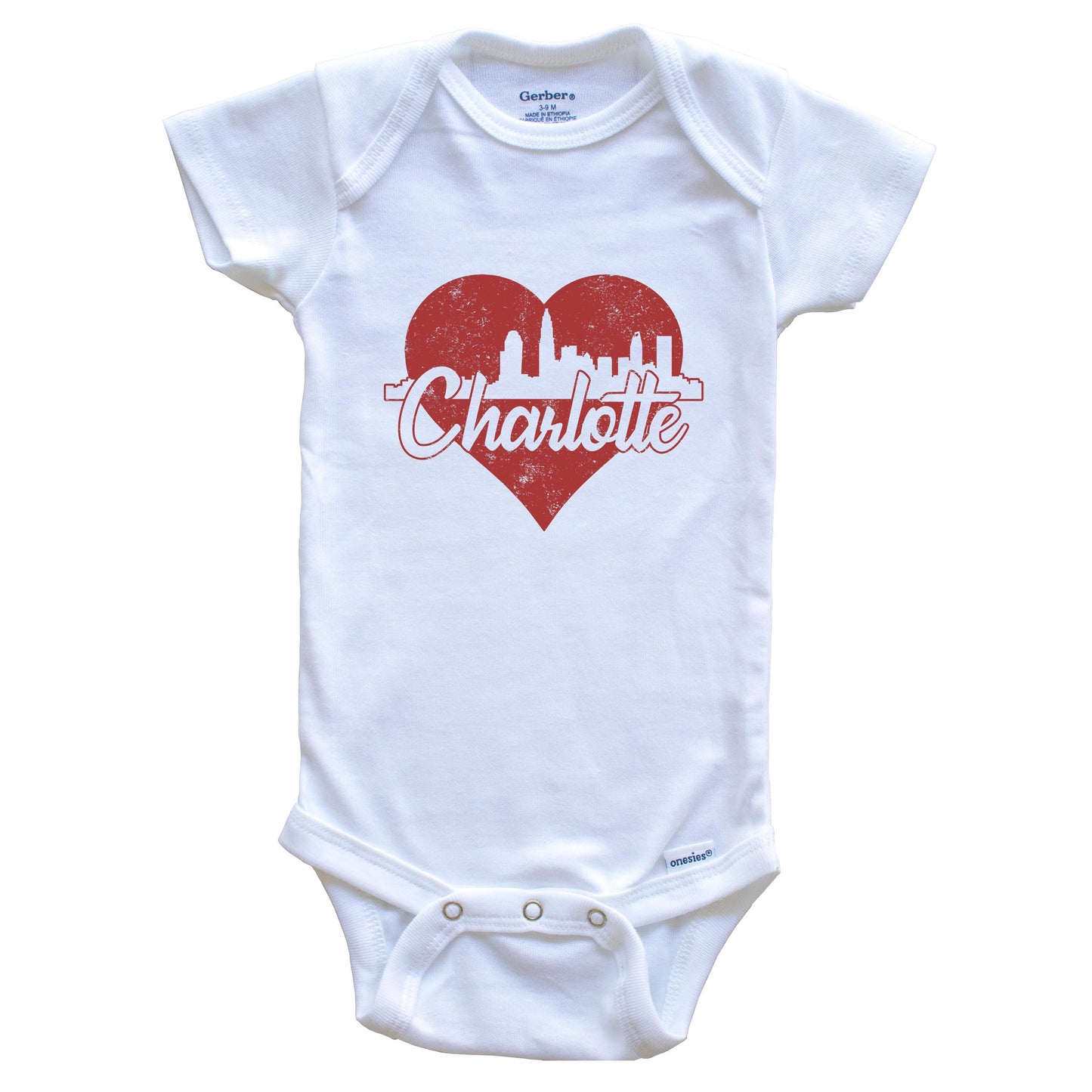 Retro Charlotte North Carolina Skyline Red Heart Baby Onesie