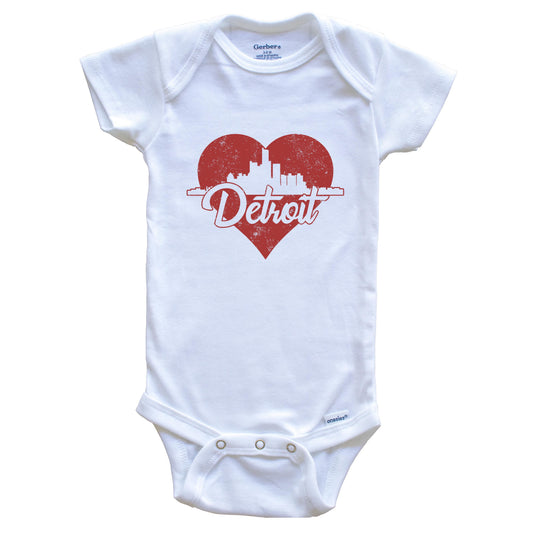 Retro Detroit Michigan Skyline Red Heart Baby Onesie