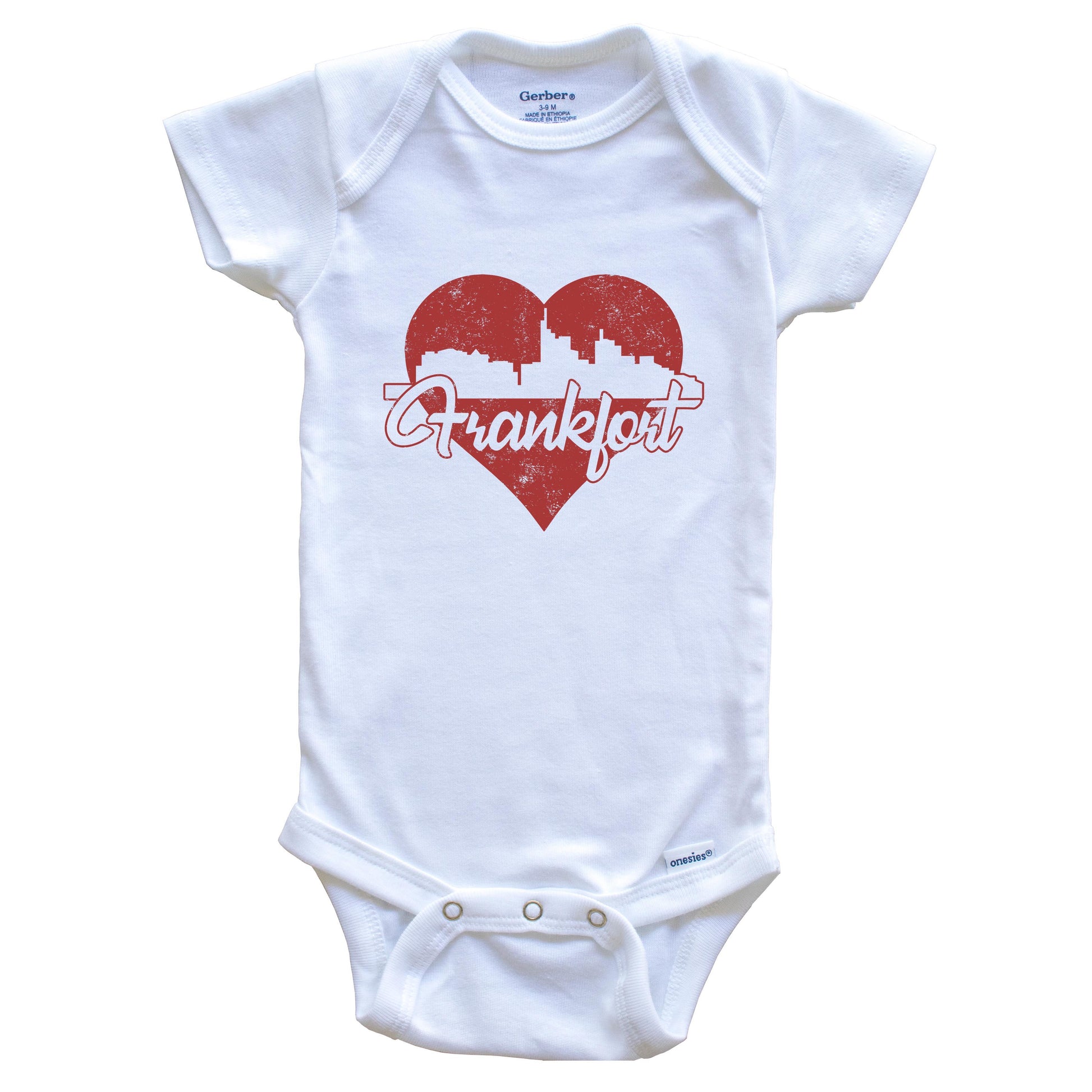 Retro Frankfort Kentucky Skyline Red Heart Baby Onesie