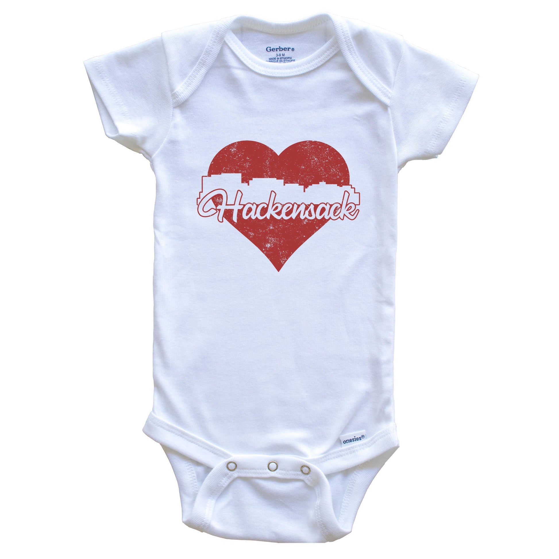 Retro Hackensack New Jersey Skyline Red Heart Baby Onesie