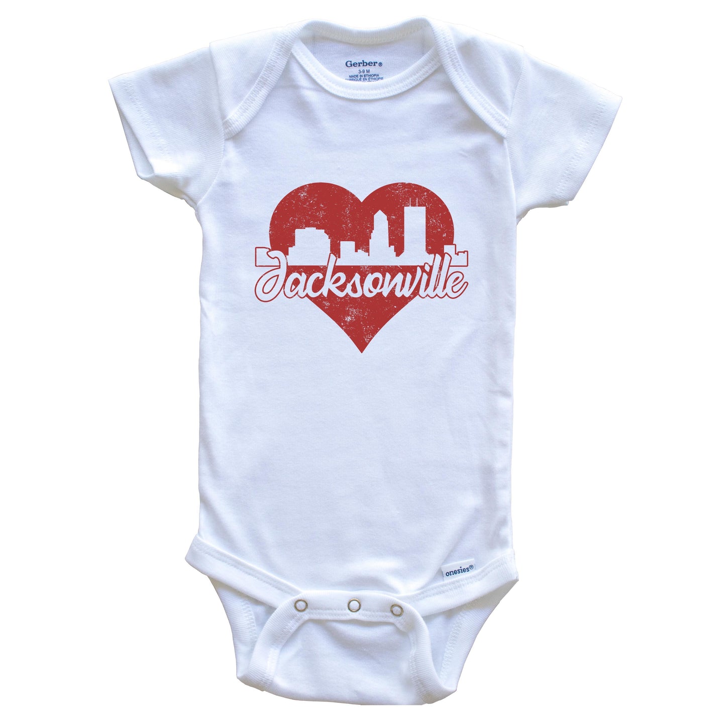Retro Jacksonville Florida Skyline Red Heart Baby Onesie