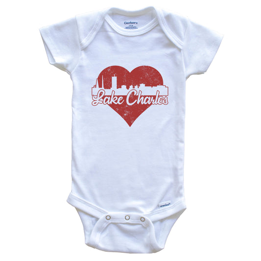 Retro Lake Charles Louisiana Skyline Red Heart Baby Onesie