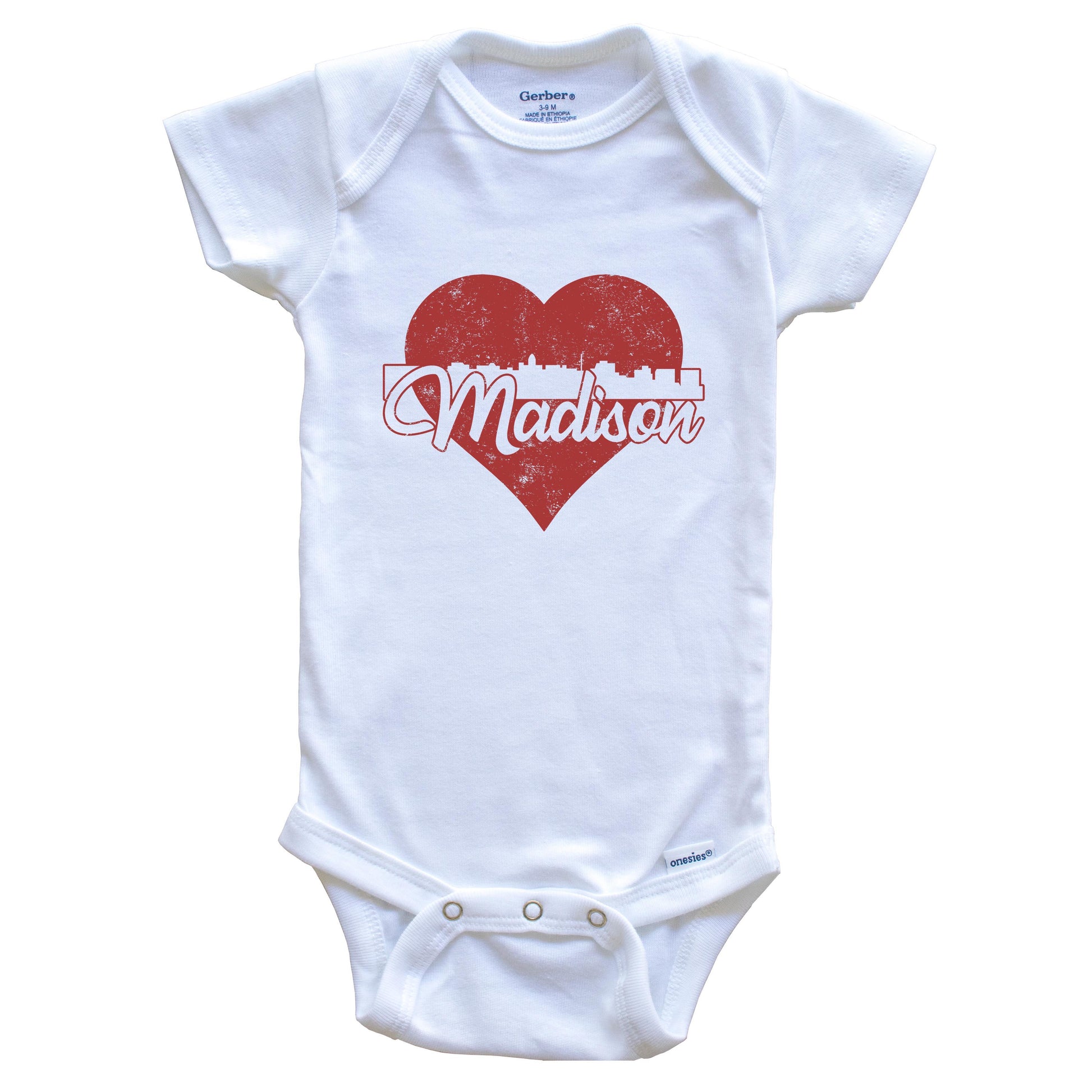 Retro Madison Wisconsin Skyline Red Heart Baby Onesie