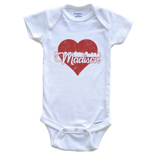 Retro Madison Wisconsin Skyline Red Heart Baby Onesie