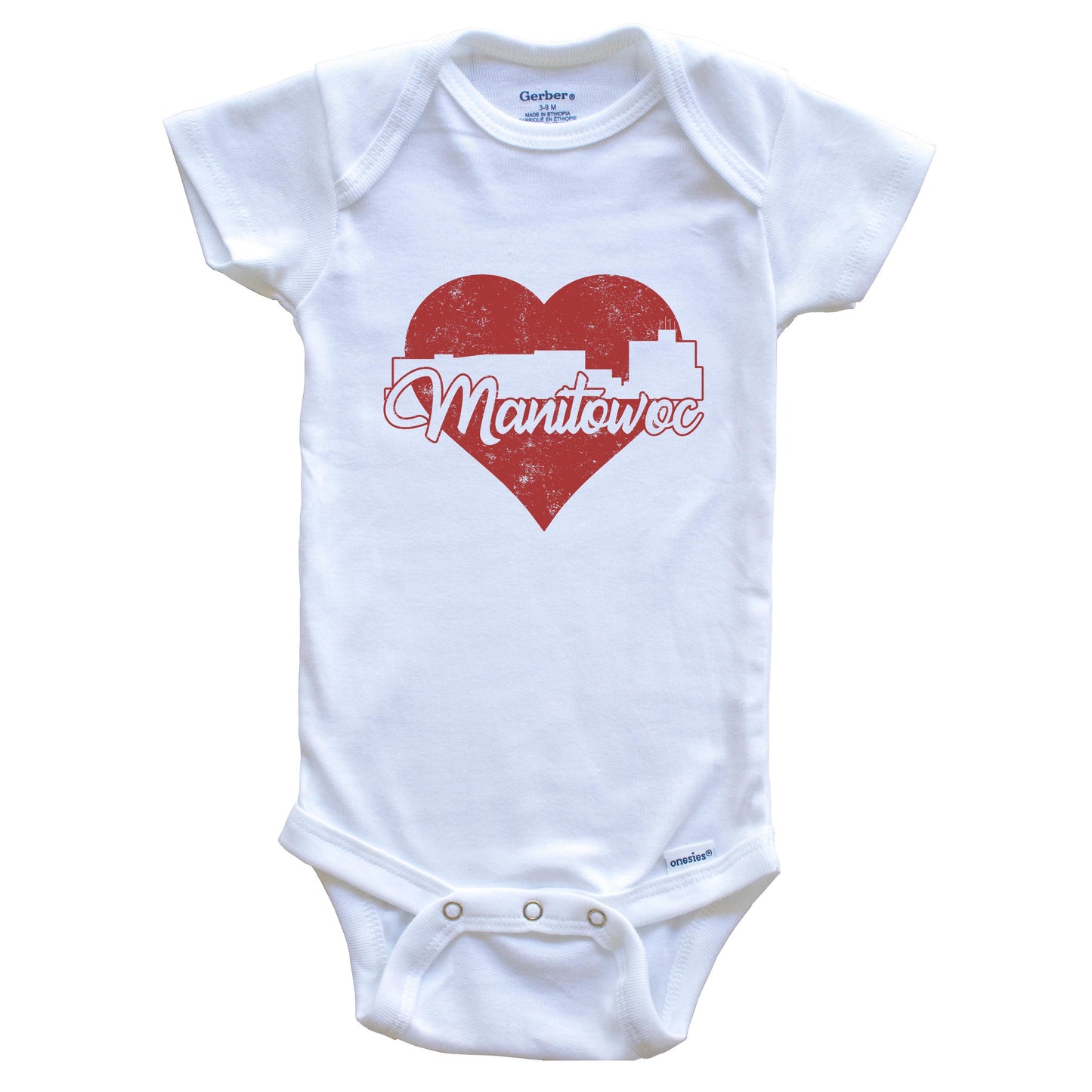 Retro Manitowoc Wisconsin Skyline Red Heart Baby Onesie