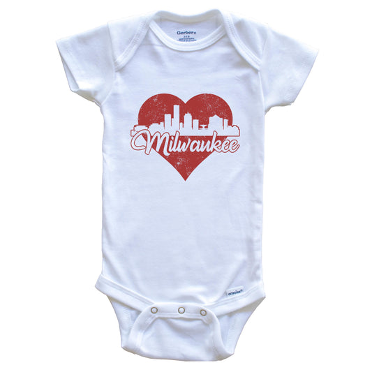 Retro Milwaukee Wisconsin Skyline Red Heart Baby Onesie