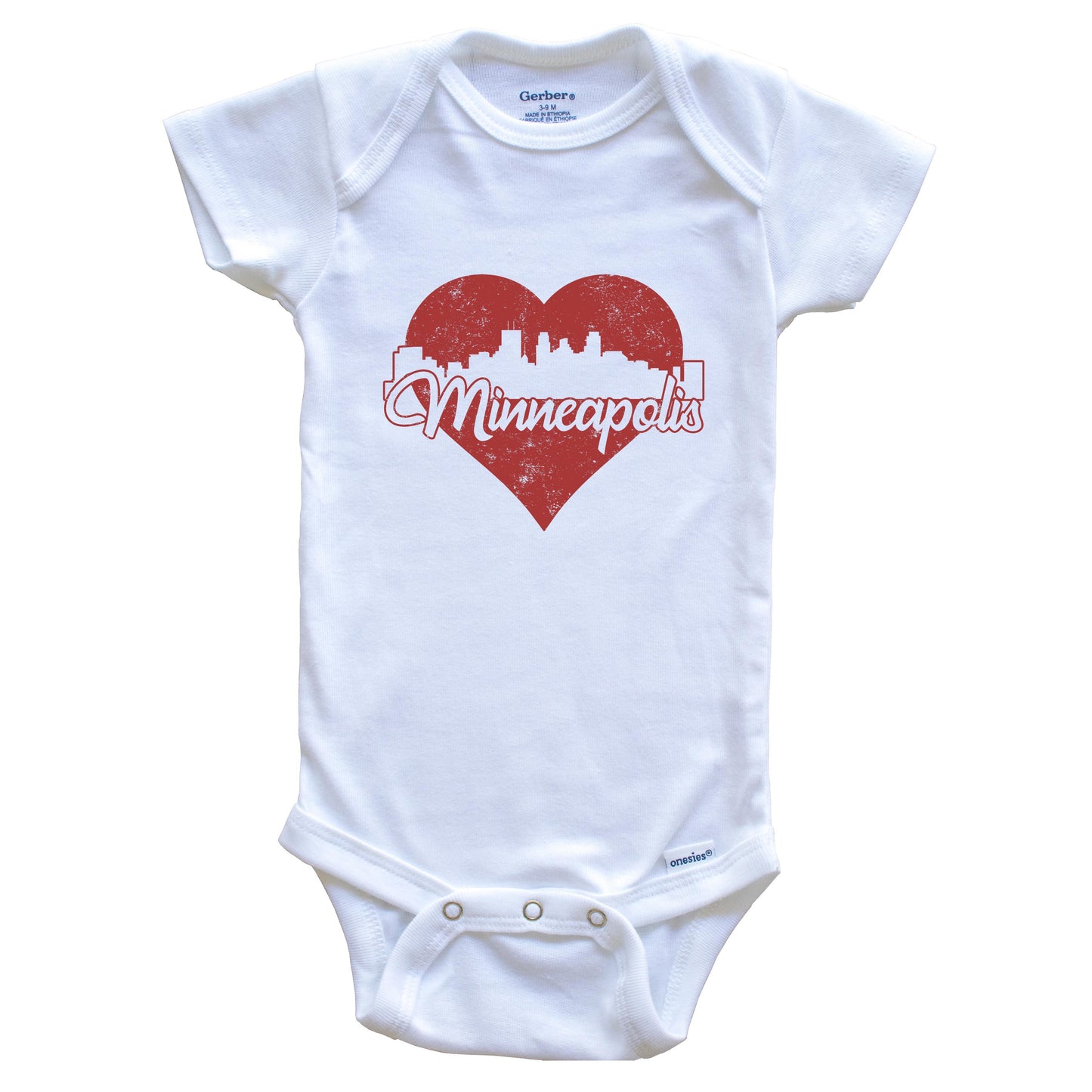Retro Minneapolis Minnesota Skyline Red Heart Baby Onesie