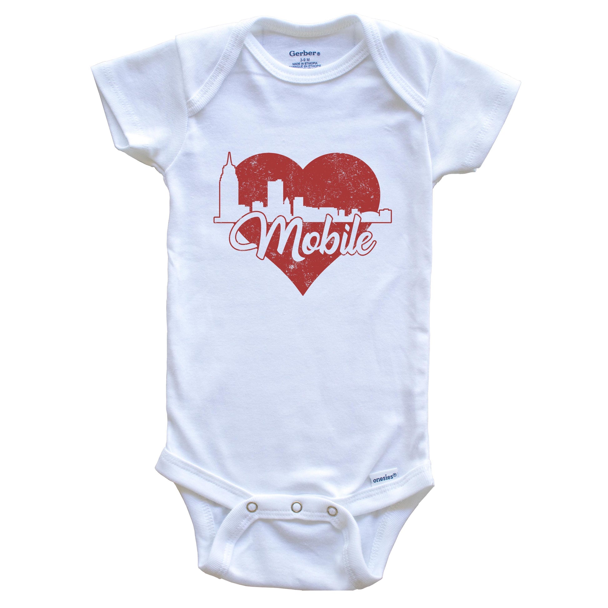 Retro Mobile Alabama Skyline Red Heart Baby Onesie