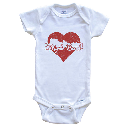 Retro Myrtle Beach South Carolina Skyline Red Heart Baby Onesie