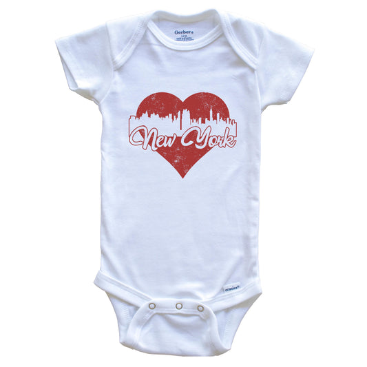 Retro New York City Skyline Red Heart Baby Onesie