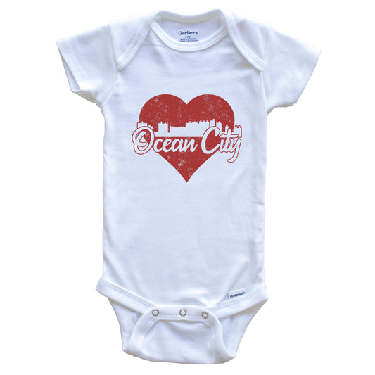 Retro Ocean City Maryland Skyline Red Heart Baby Onesie