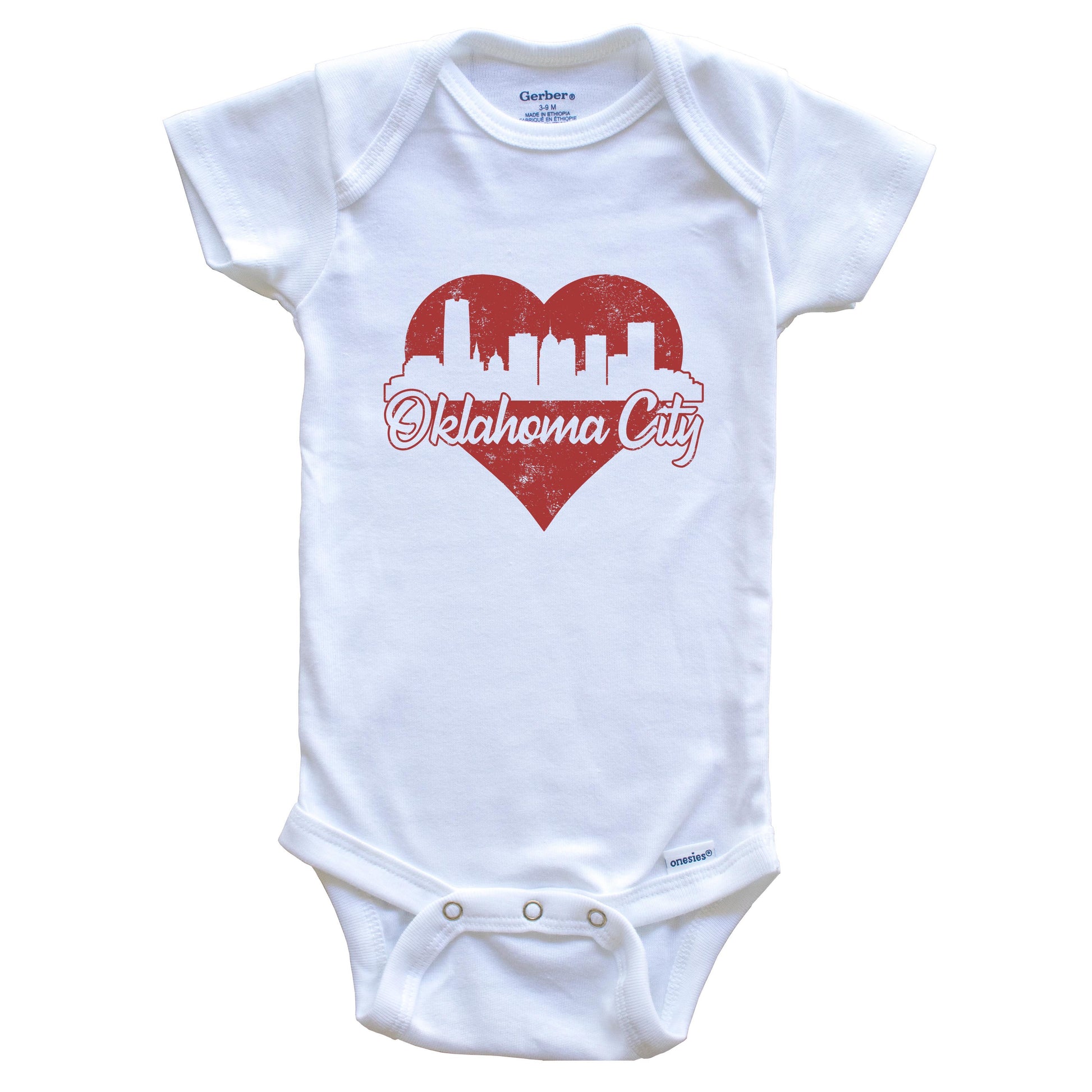 Retro Oklahoma City Skyline Red Heart Baby Onesie
