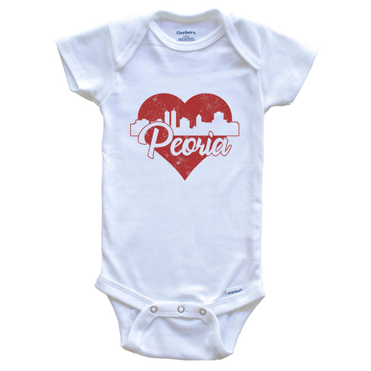 Retro Peoria Illinois Skyline Red Heart Baby Onesie