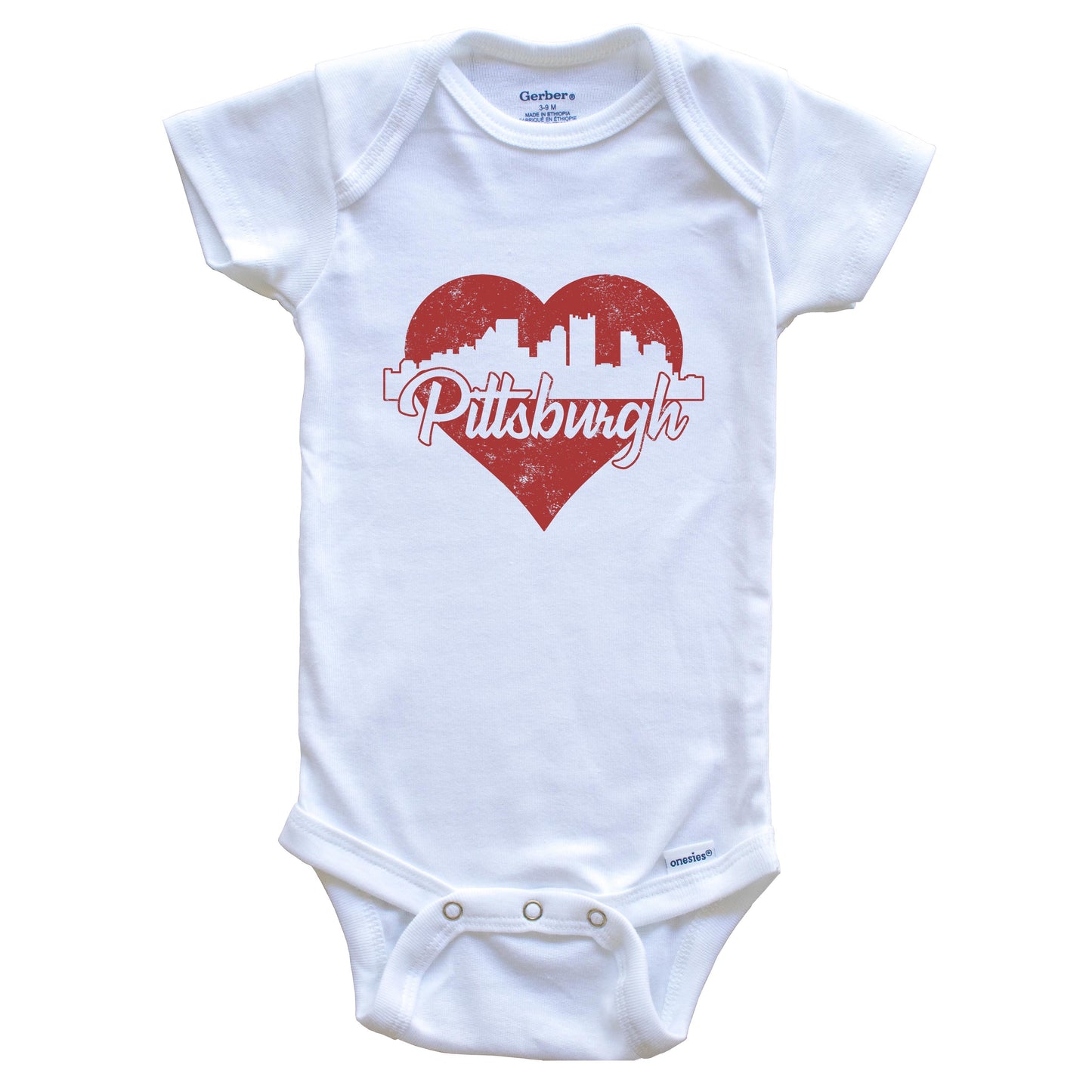 Retro Pittsburgh Pennsylvania Skyline Red Heart Baby Onesie