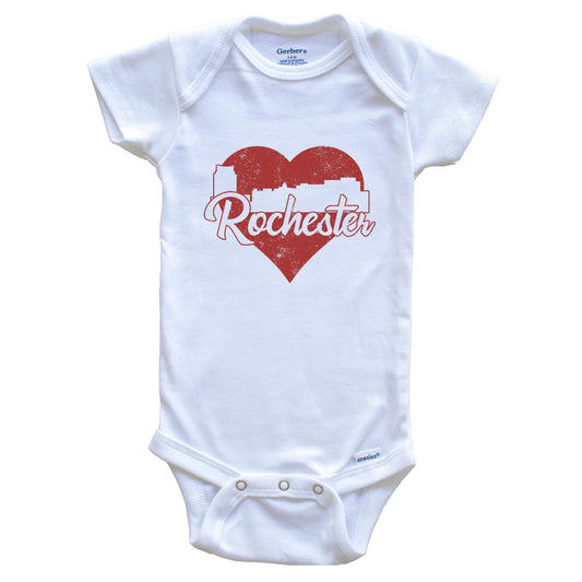Retro Rochester Minnesota Skyline Red Heart Baby Onesie