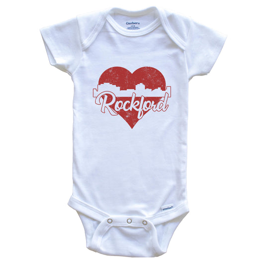 Retro Rockford Illinois Skyline Red Heart Baby Onesie