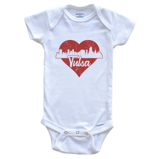 Retro Tulsa Oklahoma Skyline Red Heart Baby Onesie