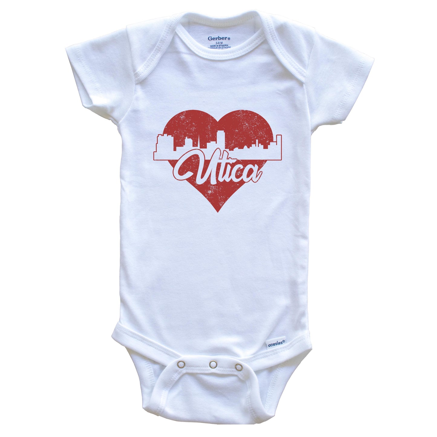 Retro Utica New York Skyline Red Heart Baby Onesie