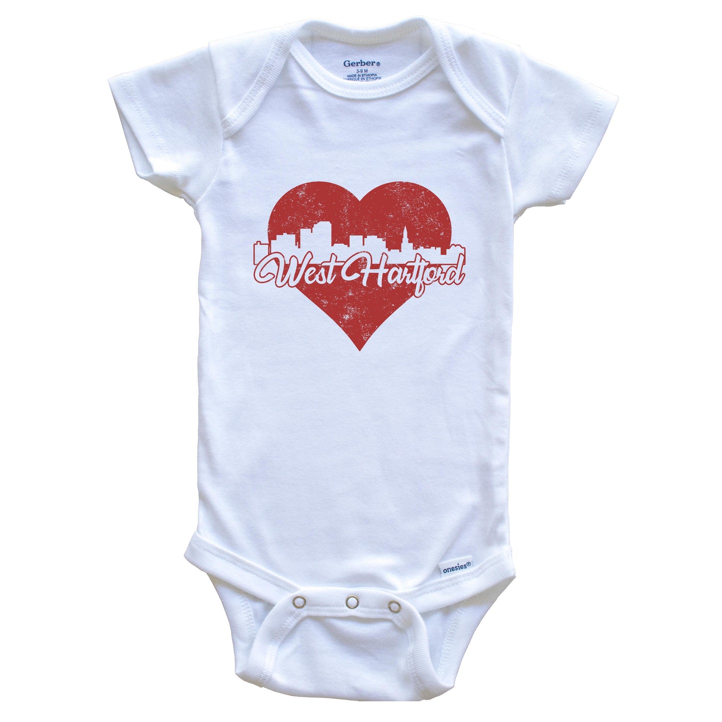 Retro West Hartford Connecticut Skyline Red Heart Baby Onesie