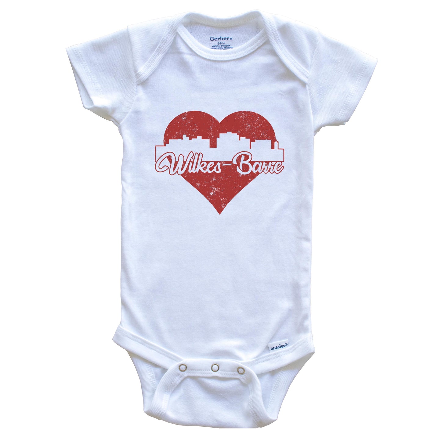 Retro Wilkes-Barre Pennsylvania Skyline Red Heart Baby Onesie