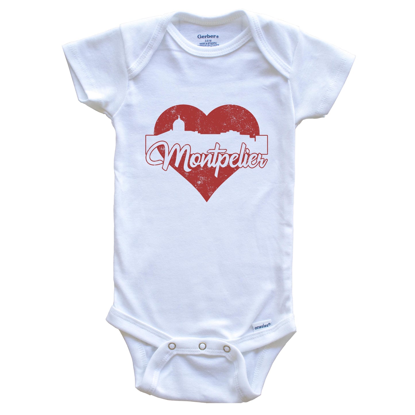 Retro Montpelier Vermont Skyline Red Heart Baby Onesie