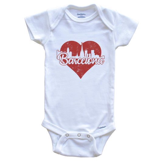 Retro Barcelona Spain Skyline Red Heart Baby Onesie