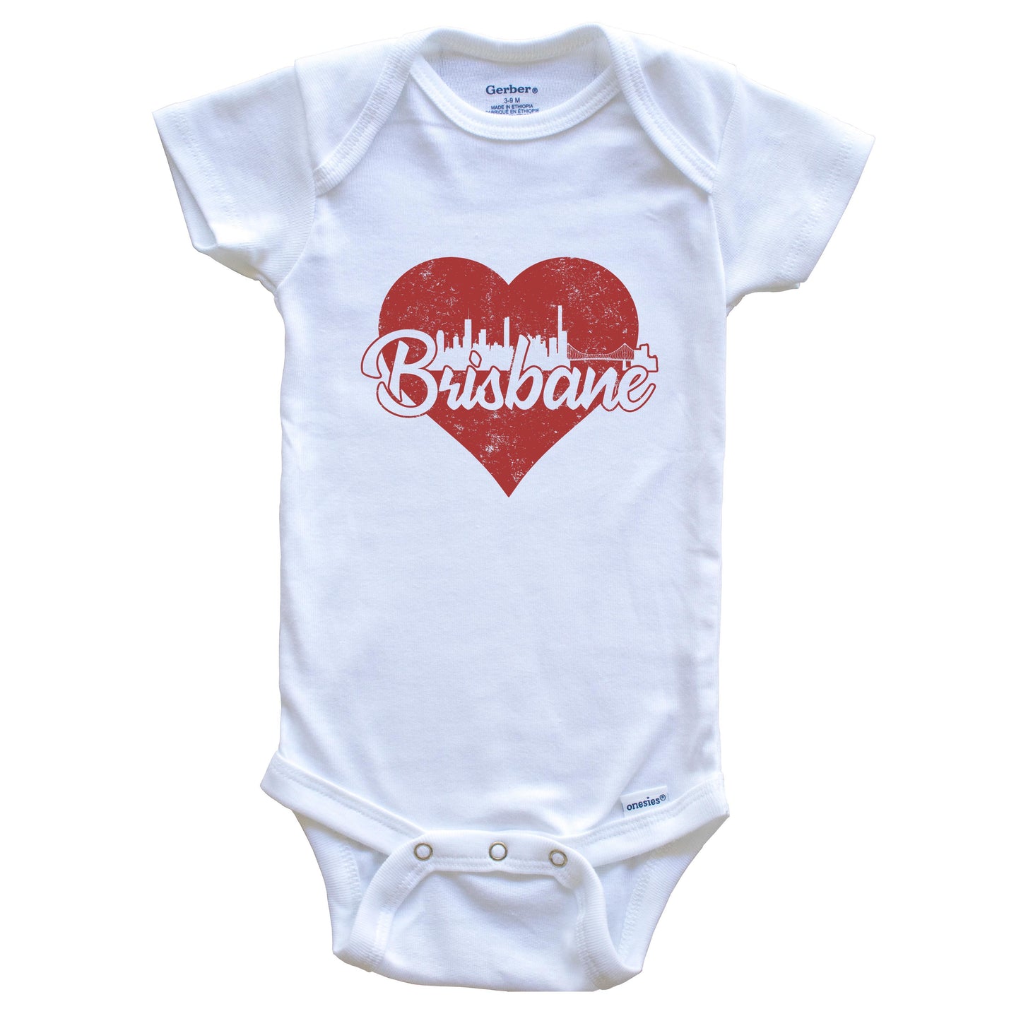 Retro Brisbane Australia Skyline Red Heart Baby Onesie