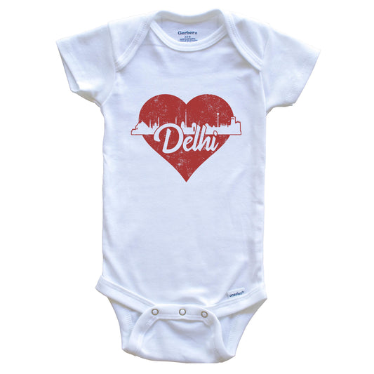 Retro Delhi India Skyline Red Heart Baby Onesie