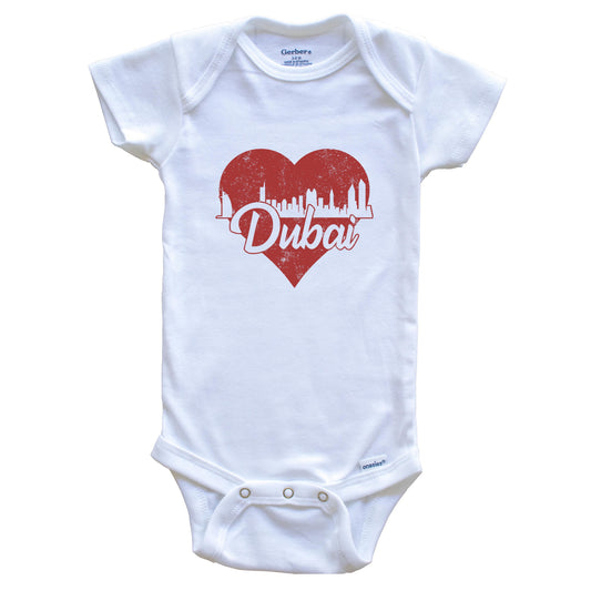 Retro Dubai United Arab Emirates Skyline Red Heart Baby Onesie
