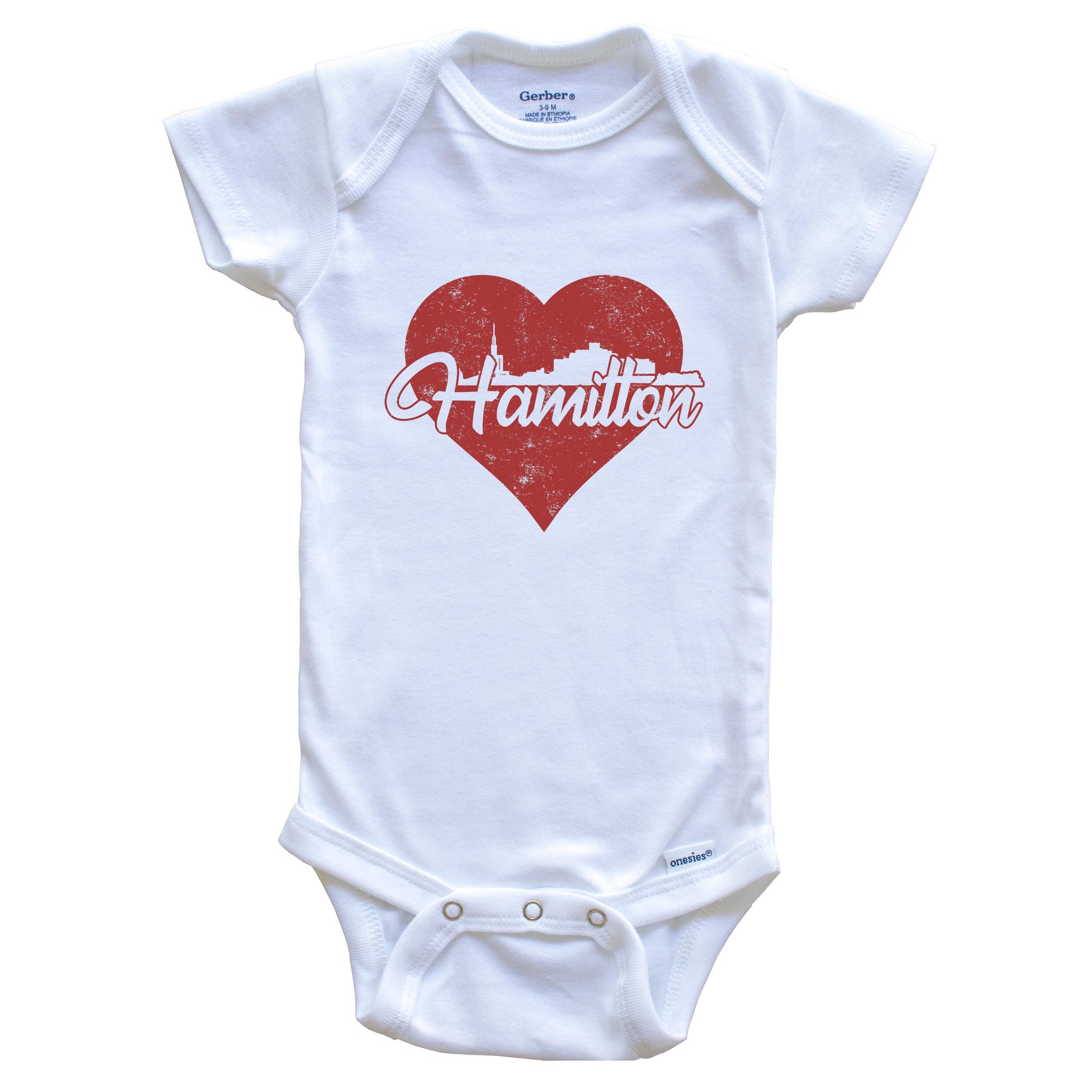 Retro Hamilton New Zealand Skyline Red Heart Baby Onesie