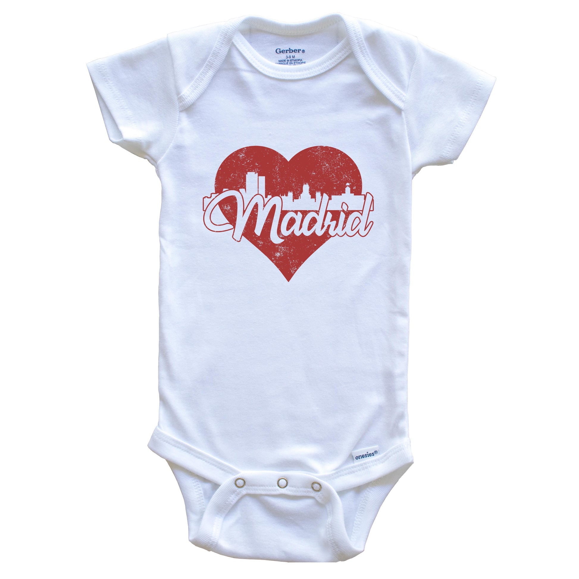 Retro Madrid Spain Skyline Red Heart Baby Onesie