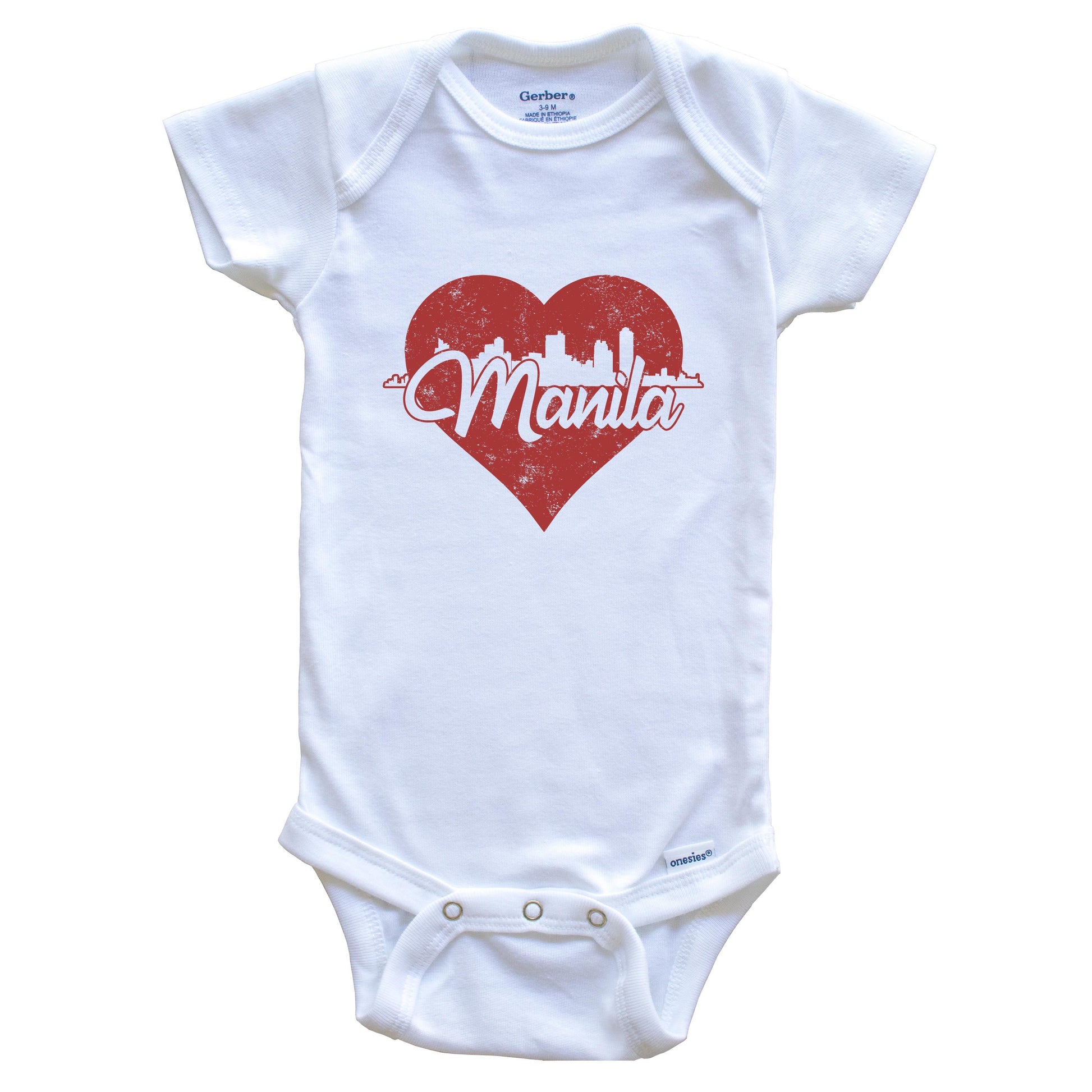 Retro Manila Philippines Skyline Red Heart Baby Onesie