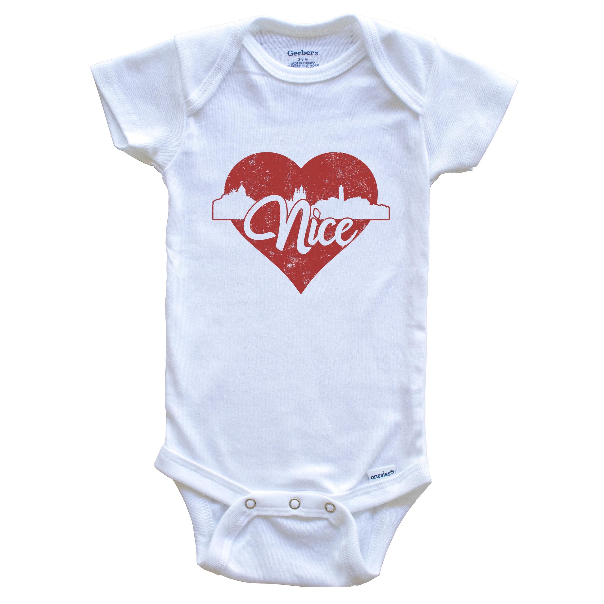 Retro Nice France Skyline Red Heart Baby Onesie