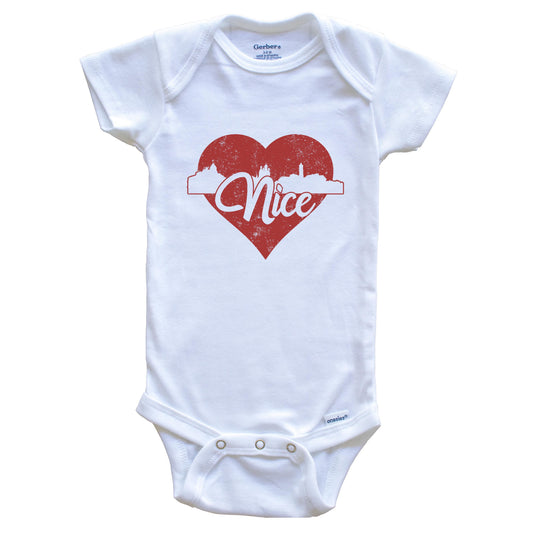 Retro Nice France Skyline Red Heart Baby Onesie