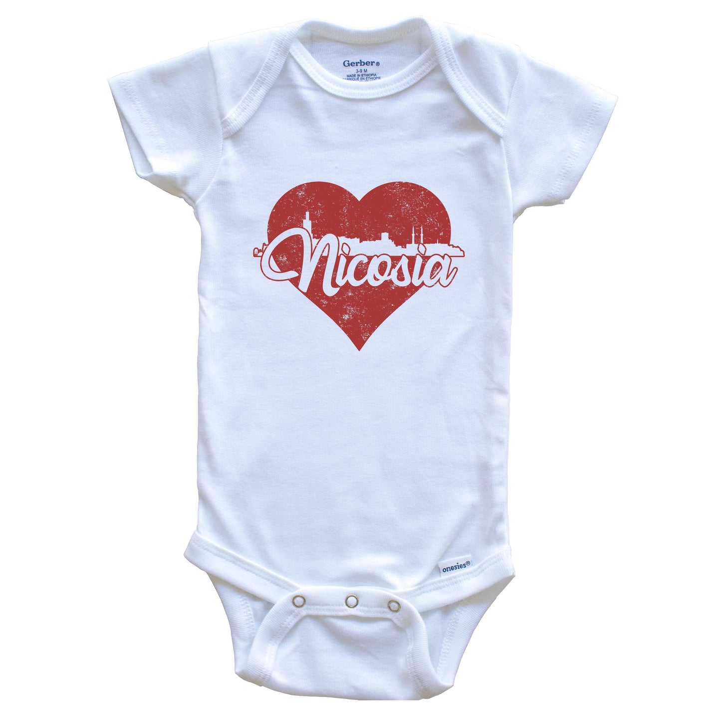 Retro Nicosia Cyprus Skyline Red Heart Baby Onesie