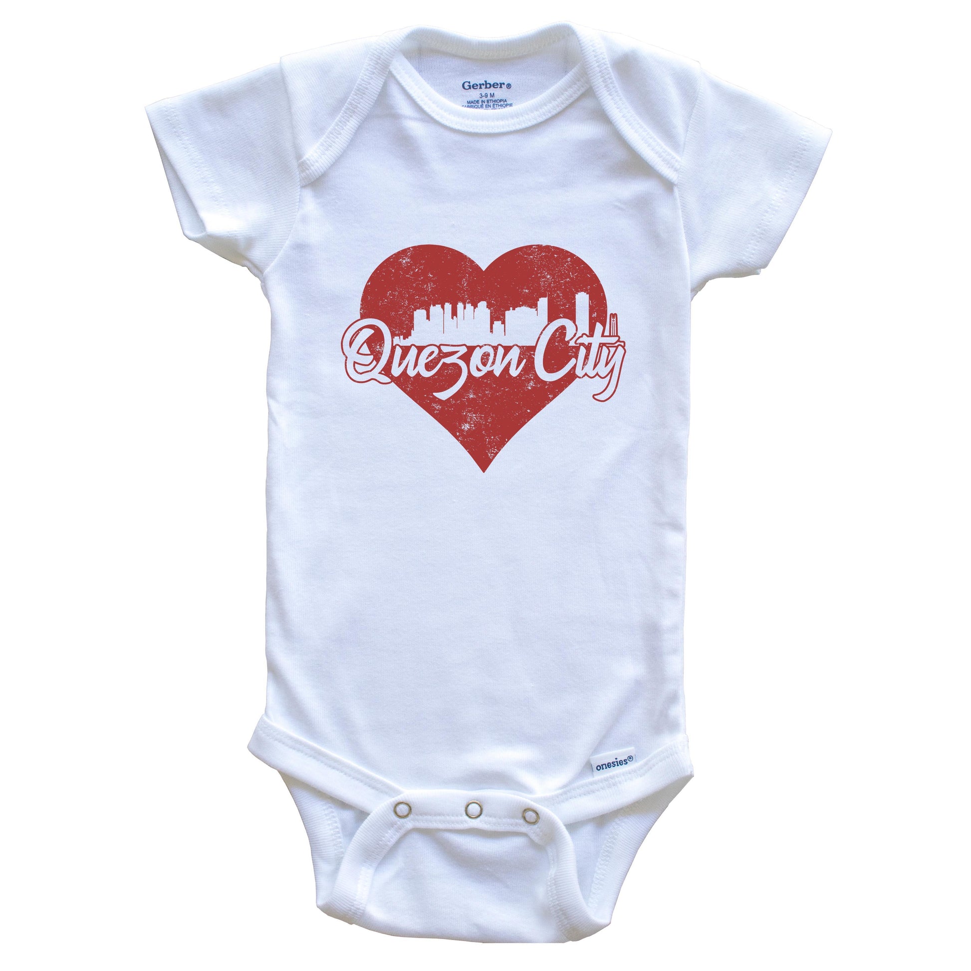 Retro Quezon City Philippines Skyline Red Heart Baby Onesie