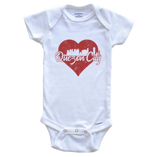 Retro Quezon City Philippines Skyline Red Heart Baby Onesie