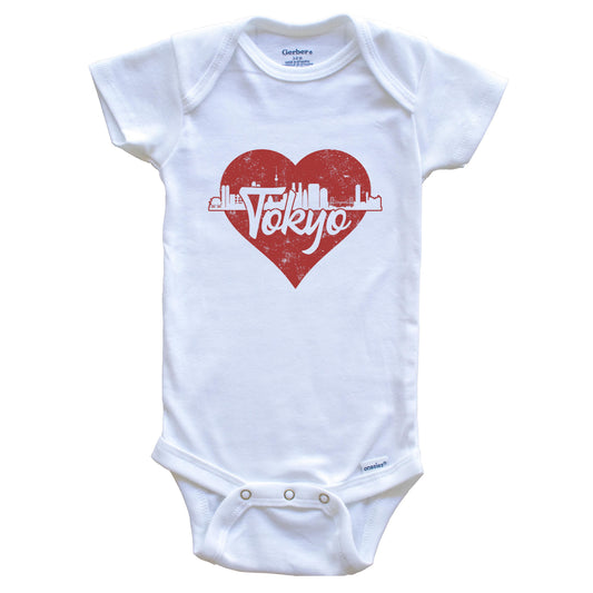Retro Tokyo Japan Skyline Red Heart Baby Onesie